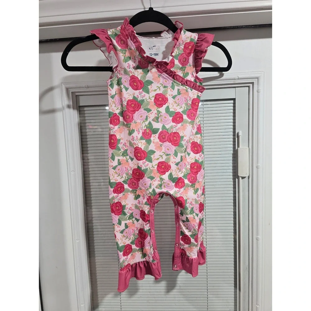 Pete + Lucy Baby Girl Pink Floral Ruffle Romper Flutter Sleeve 12-18M NWT